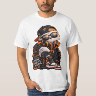 Urban Owl Streetwear Art in Black and Orange T-Shirt