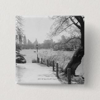 Urban park with tranquil lake 15 cm square badge