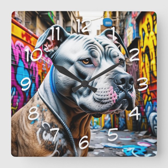 Urban Pitbull City Street Art Graffiti Square Wall Clock (Front)