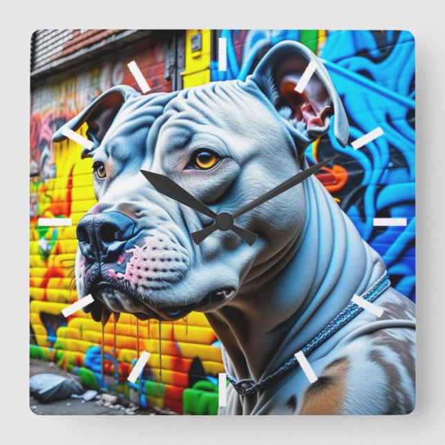 Urban Pitbull City Street Art Graffiti Square Wall Clock (Front)