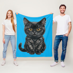 Urban Rap Cat in Leather Jacket Fleece Blanket