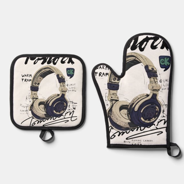 Urban Retro Headphone Vibe Illustration Oven Mitt & Pot Holder Set (Front)