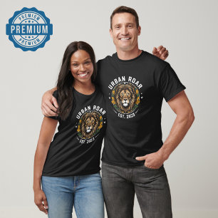Urban Roar Lion Emblem — Bold Leaf Wreath Design T-Shirt