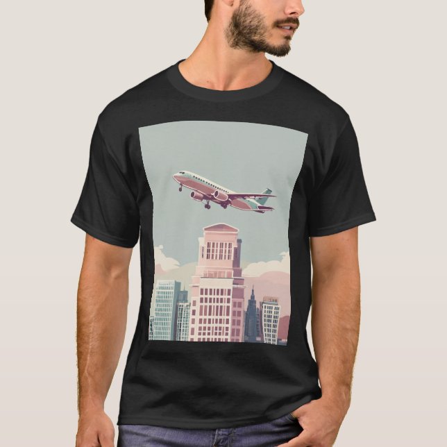 Urban Skyline Aeroplane Landing Graphic T-Shirt (Front)