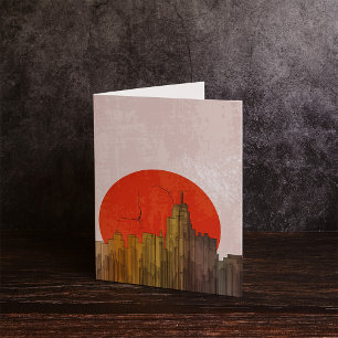 Urban Skyline with Red Sun Grunge Cityscape  Card