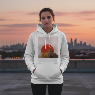 Urban Skyline with Red Sun Grunge Cityscape  Hoodie