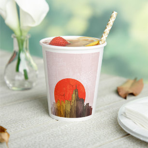 Urban Skyline with Red Sun Grunge Cityscape  Paper Cups