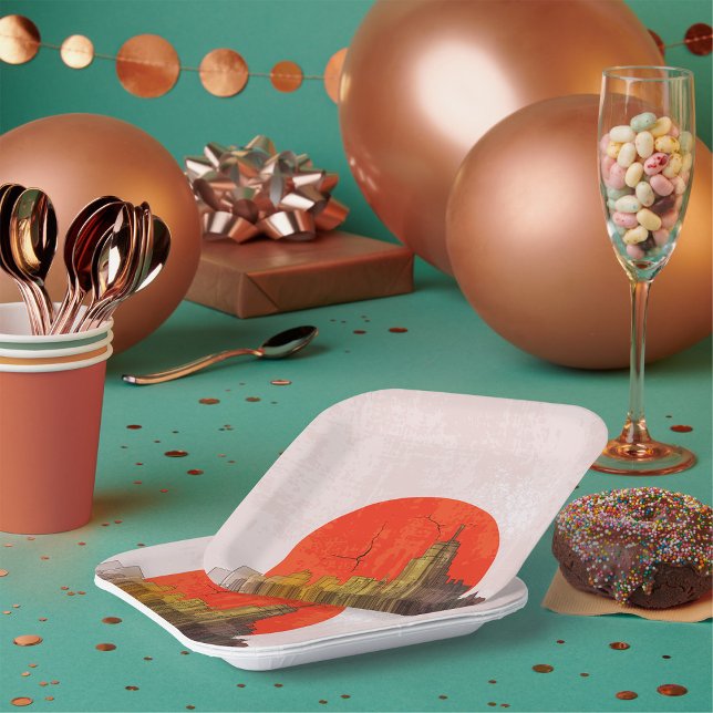 Urban Skyline with Red Sun Grunge Cityscape  Paper Plate (Creator Uploaded)