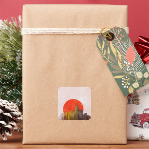 Urban Skyline with Red Sun Grunge Cityscape  Square Sticker