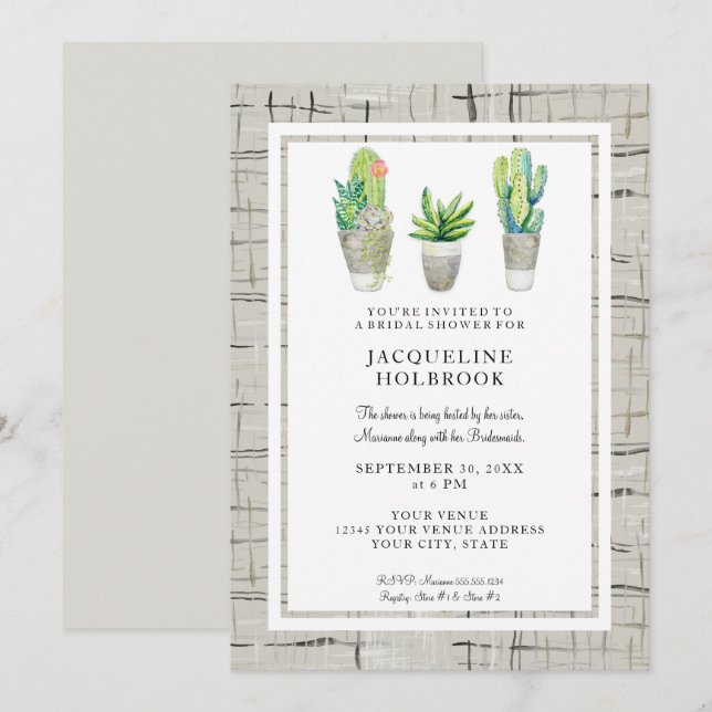 Urban Spanish Hacienda Watercolor Cactus Succulent Invitation (Front/Back)