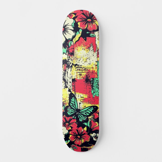 Urban Street Art Inspired Girly Floral Butterfly  Skateboard (Front)