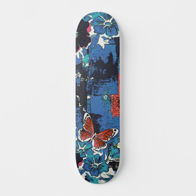 Urban Street Art Inspired Girly Floral Butterfly  Skateboard (Front)