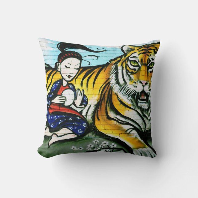 Urban Tiger Geisha Graffiti art Cushion (Front)