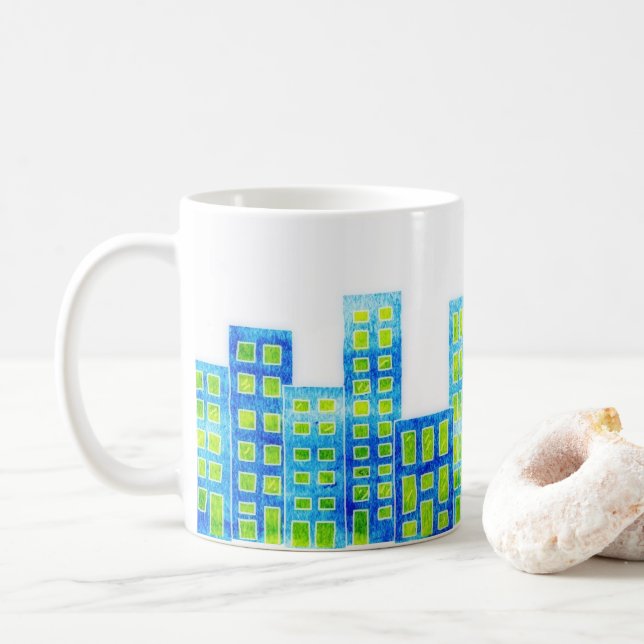Urban-Watercolor cityscape MUG (With Donut)