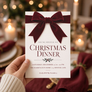 urgundy Velvet Bow Christmas Dinner Invitation