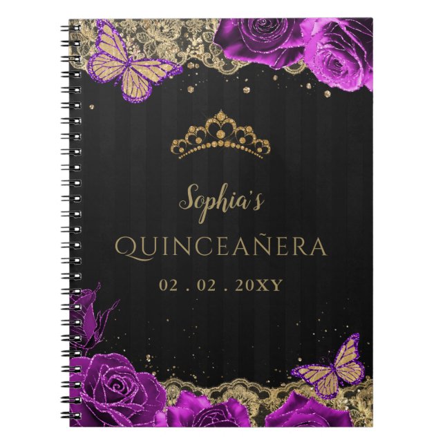 urple Roses Black Gold Lace Quinceañera Guestbook Notebook (Front)