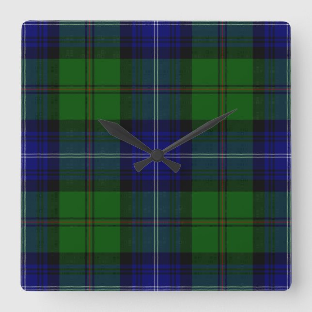 Urquhart tartan blue green plaid square wall clock (Front)