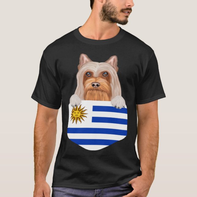 Uruguay Flag Silky Terrier Dog In Pocket T-Shirt (Front)