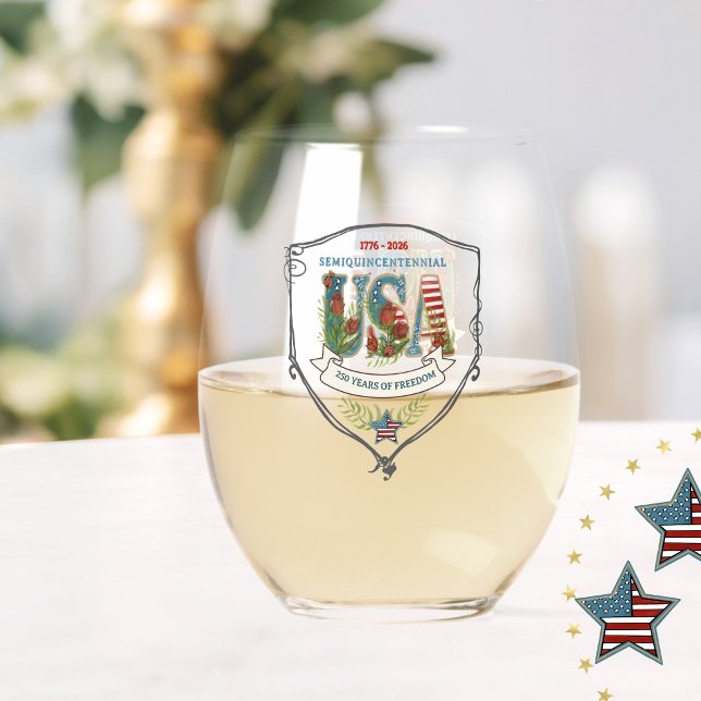 US 250 Years of Freedom Botanical Patriotic Stemless Wine Glass (US 250 Years of Freedom Botanical Patriotic Stemless Wine Glass)