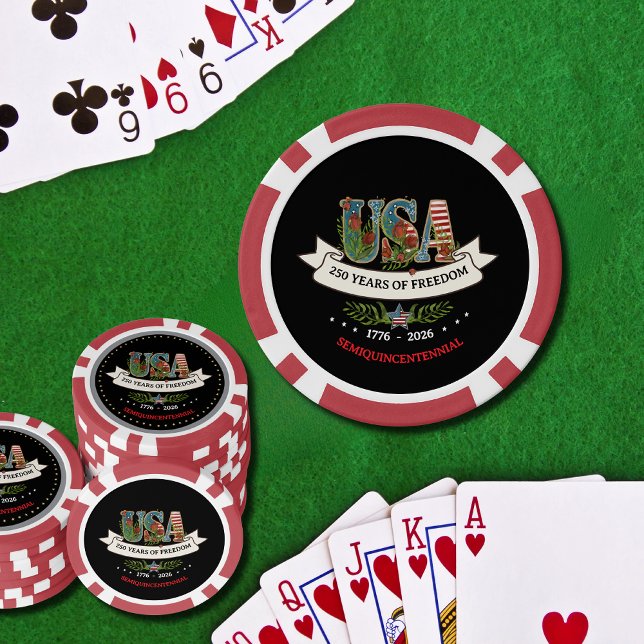 US 250th Anniversary Bold Black & Red Elegant  Poker Chips (US 250 Years of Freedom Light Blue & Navy Poker Chips)