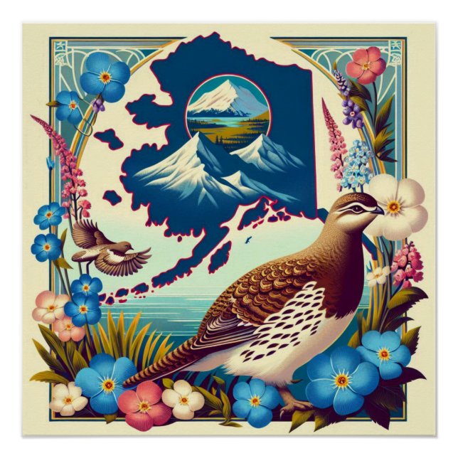US Alaska State Bird and Flower Design Poster (Front)