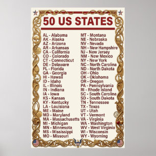 Us Alphabetical List 50 States Abbreviations Gold Poster