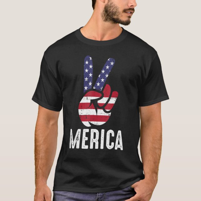 US American Flag and Patriotic Peace Sign of Hand  T-Shirt (Front)