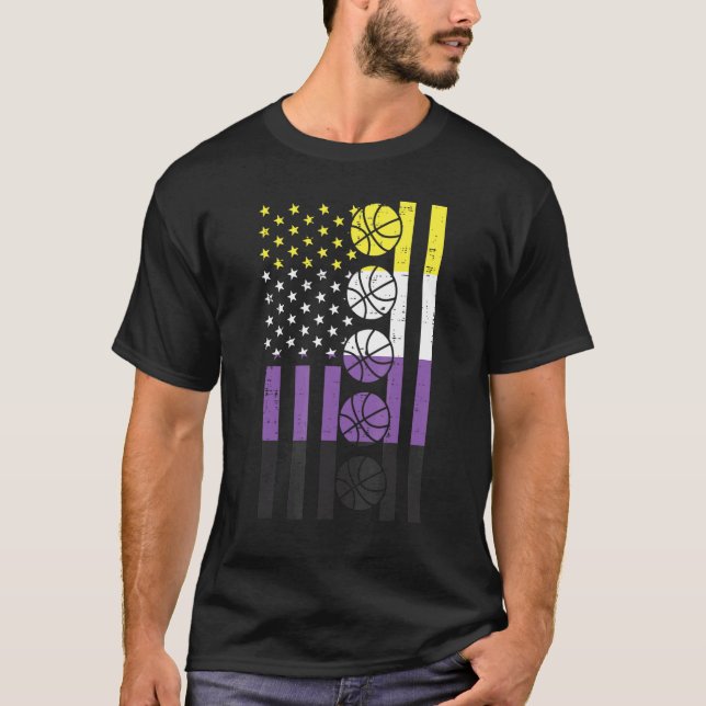 Us American Flag Basketball Nonbinary Enby Nb Prid T-Shirt (Front)