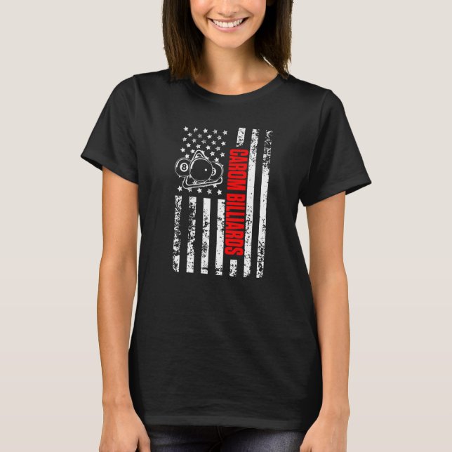 US American Flag Cue Sports Patriotic Carom Billia T-Shirt (Front)