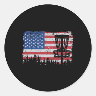 Us American Flag Disc Golf Basket Frisbee Vintage Classic Round Sticker