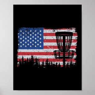 Us American Flag Disc Golf Basket Frisbee Vintage Poster