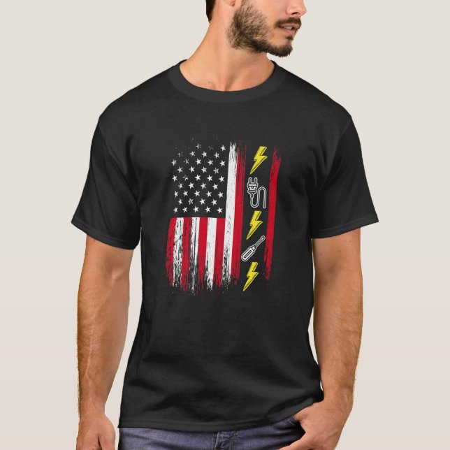 US American Flag  Electricity  Electrician Lineman T-Shirt (Front)