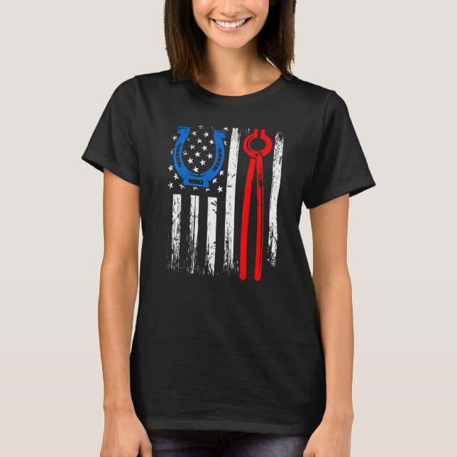 Us American Flag Farrier Hoof Blacksmith Horseshoe T-Shirt (Front)