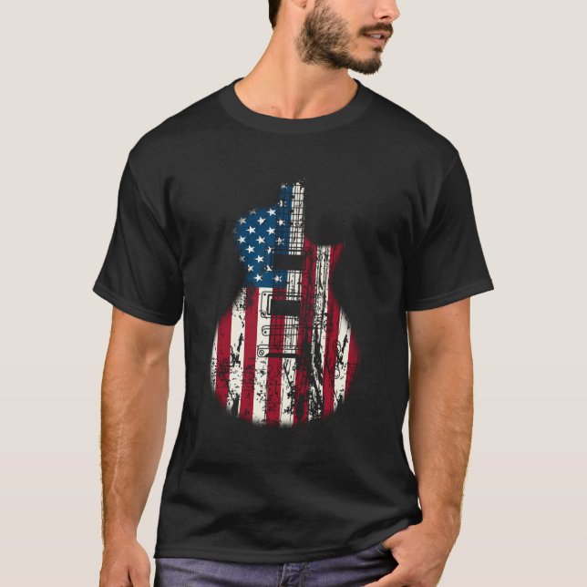 Us American Flag Guitar Musician Distressed Guitar T-Shirt (Front)
