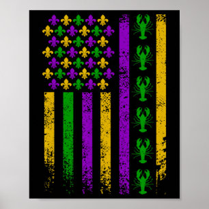 Us American Flag Mardi Gras Crawfish Vintage Poster