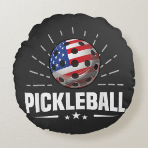 US American Flag Pickleball Player Round Cushion