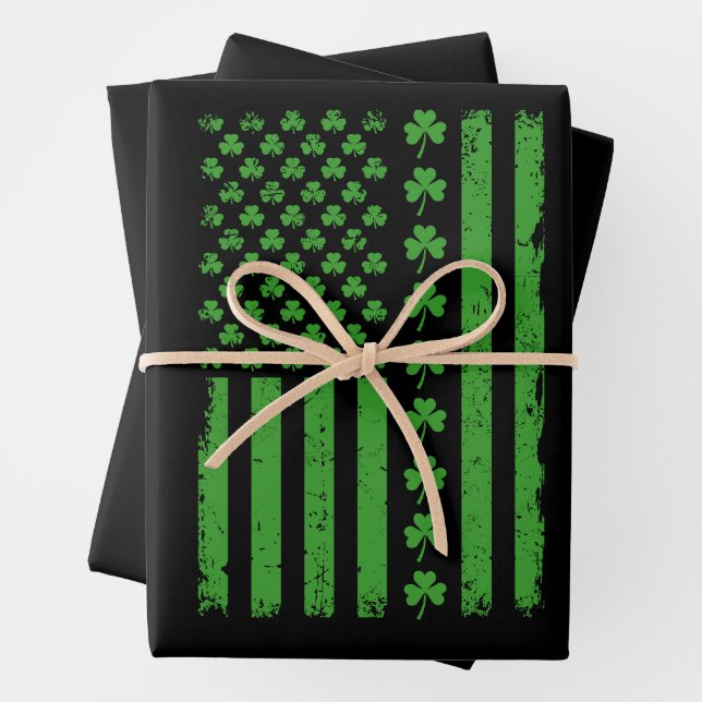 US American Flag Shamrocks St Patricks day Wrapping Paper Sheet (In situ)