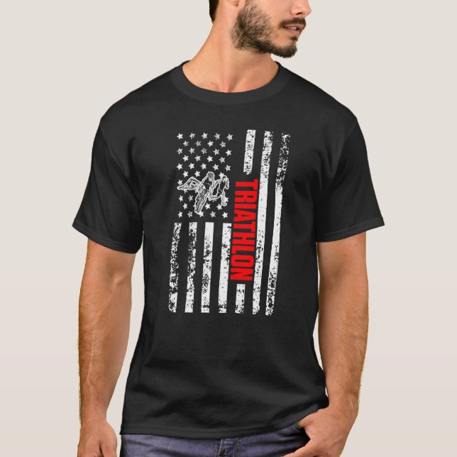 US American Flag Sports Patriotic Triathlon Premiu T-Shirt (Front)