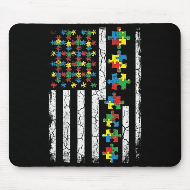 US American Flag with Puzzles for Autism Day Mouse Mat (Front)