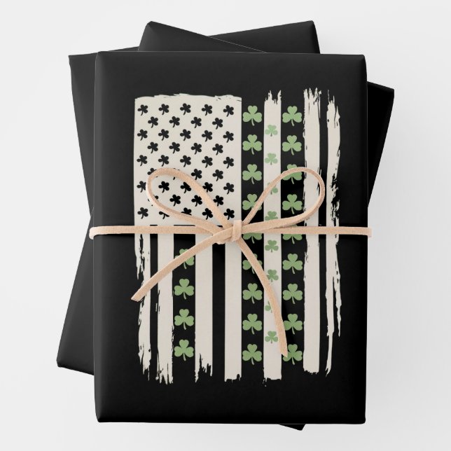 US American Flag With Shamrocks for St Patricks  Wrapping Paper Sheet (In situ)