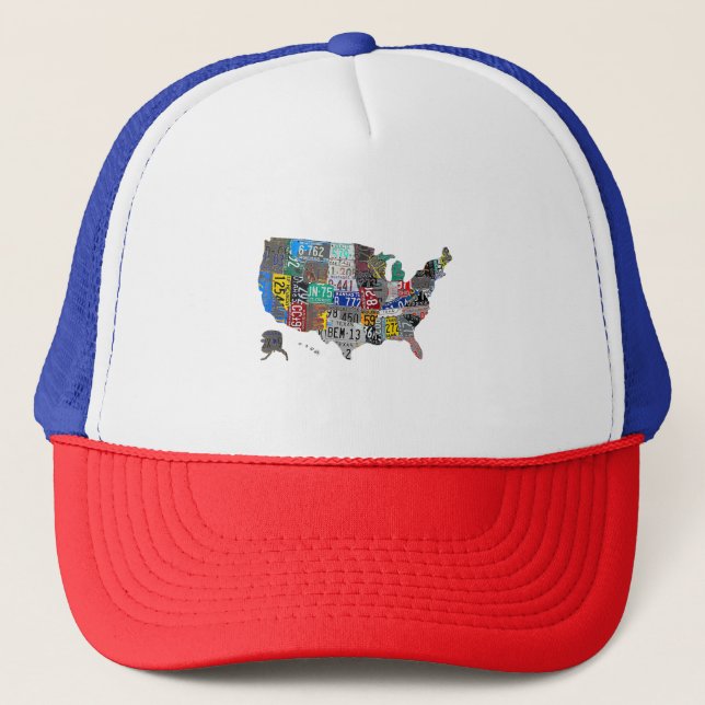 US American United States Map Flag License Plate A Trucker Hat (Front)