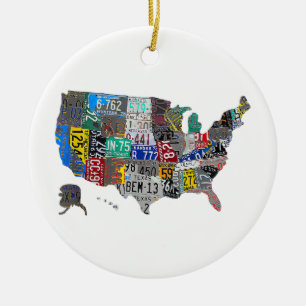 US American United States Map Flag License Plate  Ceramic Tree Decoration