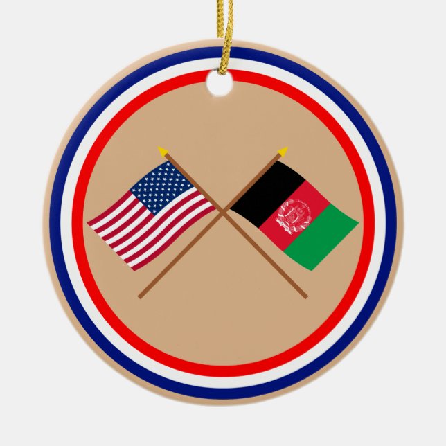 US and Afghanistan Crossed Flags Ceramic Tree Decoration (Front)
