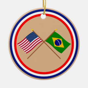 US and Brazil Crossed Flags Ceramic Tree Decoration