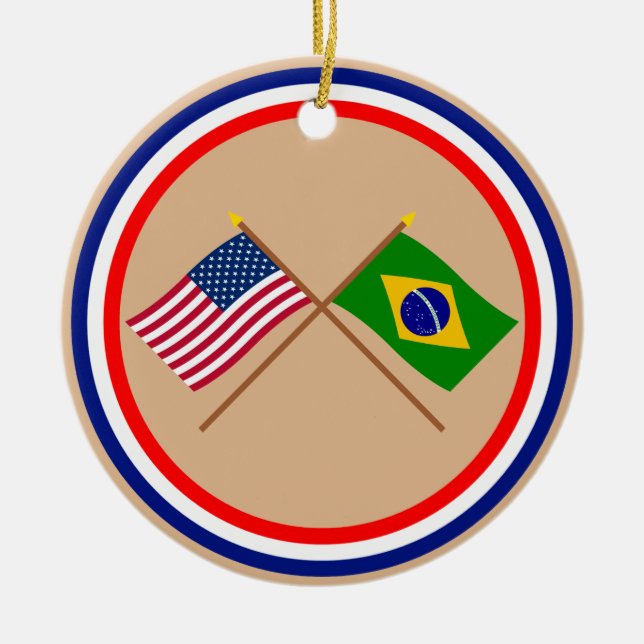 US and Brazil Crossed Flags Ceramic Tree Decoration (Front)