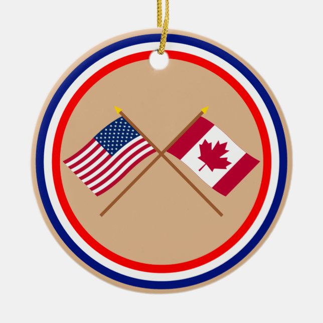 US and Canada Crossed Flags Ceramic Tree Decoration (Front)