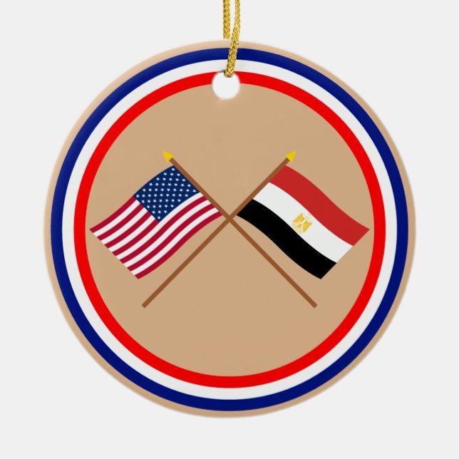 US and Egypt Crossed Flags Ceramic Tree Decoration (Front)