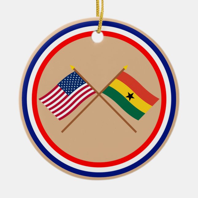 US and Ghana Crossed Flags Ceramic Tree Decoration (Front)