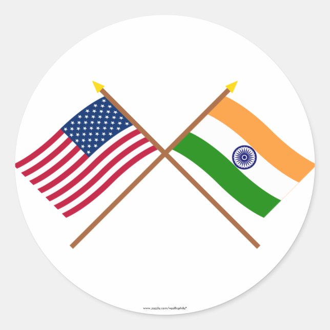 US and India Crossed Flags Classic Round Sticker (Front)