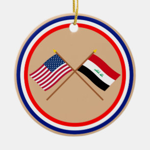 US and Iraq Crossed Flags Ceramic Tree Decoration